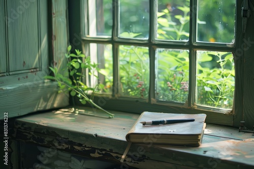Wallpaper Mural Inviting corner with a notebook and pen on the windowsill, overlooking a lush garden Torontodigital.ca
