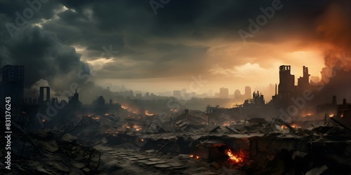Panoramic View of War-Torn City with Burning Buildings and Dark Clouds. Concept War Photography, Urban Destruction, Dark Skies, Dramatic Landscapes, Conflict Zones