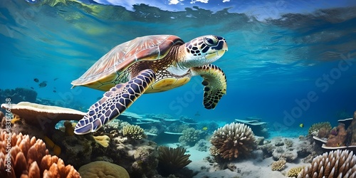 The Hawksbill sea turtle elegantly glides over the Yap Island reef. Concept Marine Life, Yap Island, Hawksbill Sea Turtle, Oceans, Coral Reefs photo