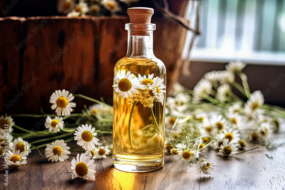 A bottle of essential oil is on a table next to a bunch of yellow flowers. A bottle of essential oil is on a table next to a bunch of yellow flowers.