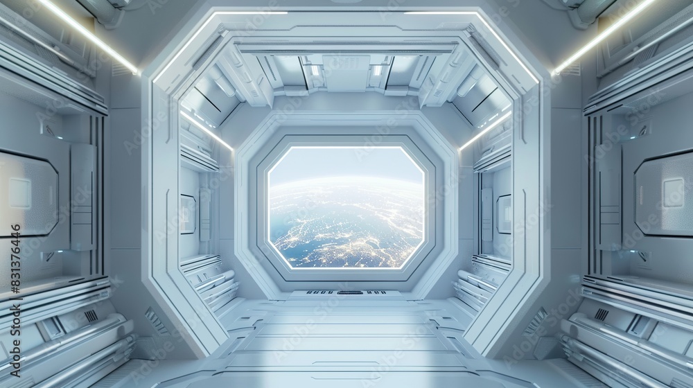 futuristic white space station interior with window view on space and planets 3d rendering futuristic white space station interior with window view on space and planets 3d rendering