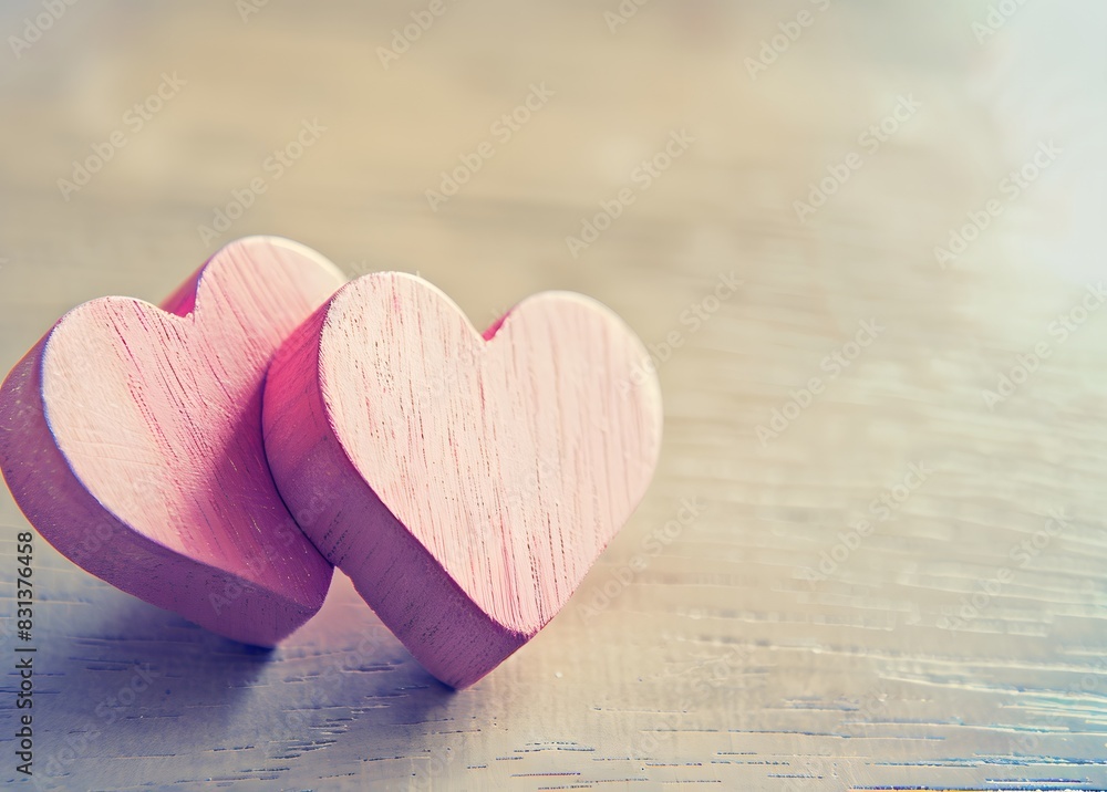 Valentine Background with Pink Wooden Hearts on Light Table Valentine Background with Pink Wooden Hearts on Light Table