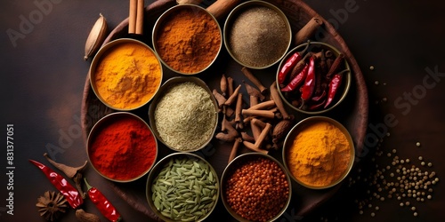 Top view of traditional Indian dishes and spices on rustic background. Concept Indian cuisine, Traditional dishes, Spices, Rustic background, Top view photo