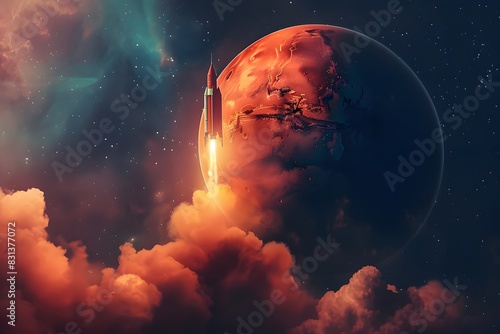 Rocket Launch Near Vibrant Red Planet Mars in Space