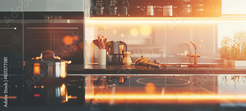 modern kitchen with sleek appliances, culinary creativity, clean design, functional layout, close up, focus on, copy space, Double exposure silhouette with utensils. photo