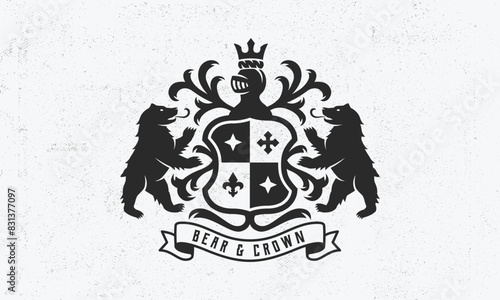 Bear Heraldic logo. Heraldic crest template logo with standing Bears . Modern design poster. Label, badge, emblem for Coat of Arms, Vintage Crest, Luxury logo. Vector illustration