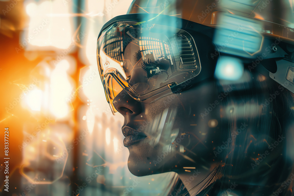 Fototapeta premium putting on safety goggles, eye protection, industrial safety, workplace measures, close up, focus on, copy space, Double exposure silhouette with machinery.