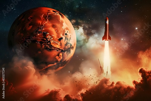 Rocket Launch on Vibrant Red Planet Mars with Smoke