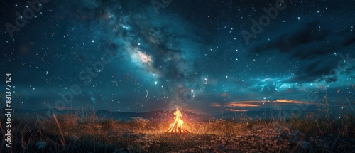 Beneath the starry night sky, a campfire burns low, casting dancing shadows upon the untouched pages of a traveler's journal.