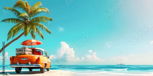 Vintage Car with Luggage and Surfboard on Beach © MD