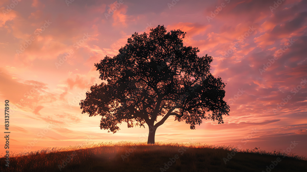 Fototapeta premium silhouette of a tree, serene landscape, natural beauty, peaceful scene, close up, focus on, copy space, Double exposure silhouette with sunset sky.