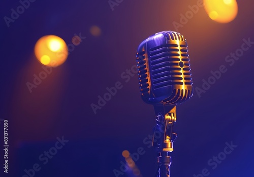 Vintage Gold Microphone on Stage with Blurred Background