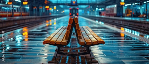 Within the confines of a bustling train station, an empty bench awaits weary travelers seeking respite amidst the chaos of departure and arrival. photo
