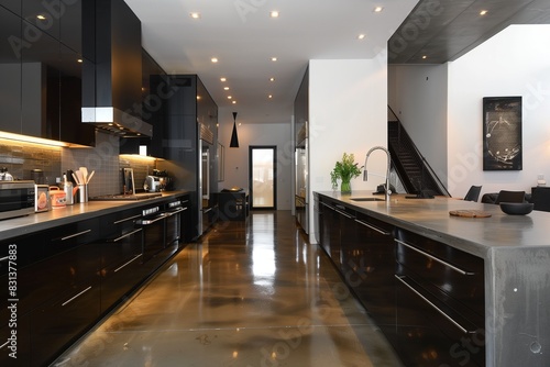 Urban kitchen with sleek black cabinetry and concrete floors.