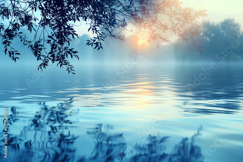 tranquil lake at sunrise, calm waters, peaceful reflection, serene morning, close up, focus on, copy space, Double exposure silhouette with mist.