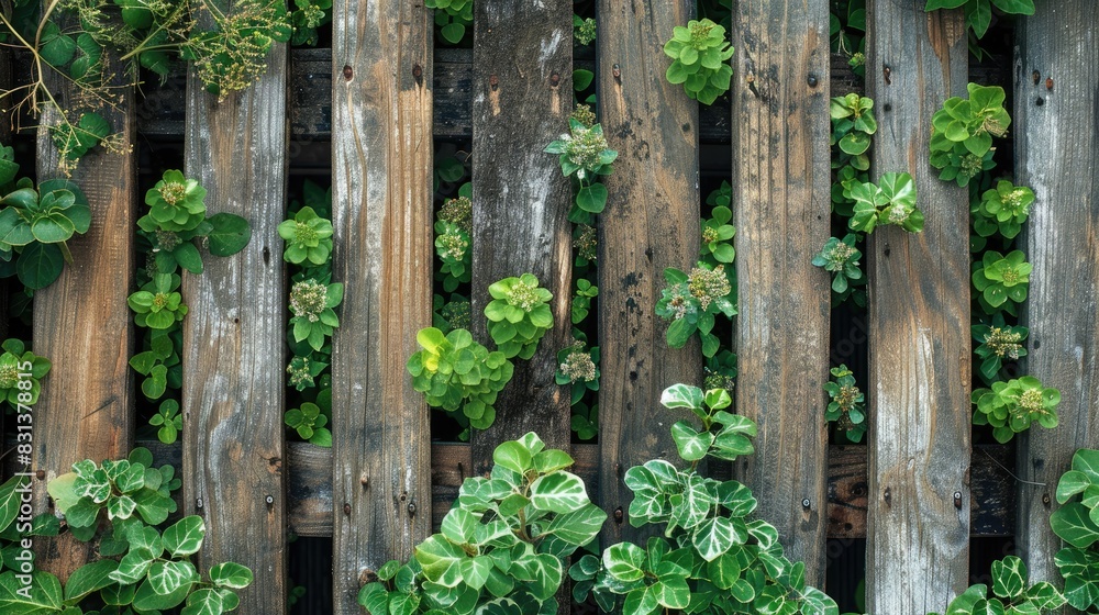 Plant framed wooden garden fence. fence with trees Plant framed wooden garden fence. fence with trees