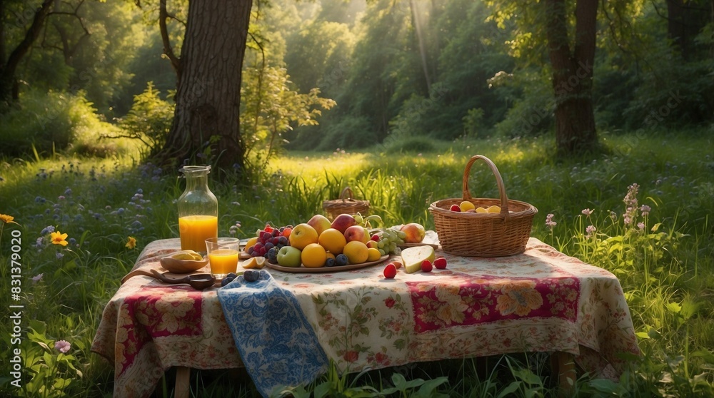 A serene outdoor picnic setup with fresh fruits, juice, and baskets on a colorful tablecloth, bathed in soft sunlight in a forest clearing A serene outdoor picnic setup with fresh fruits, juice, and baskets on a colorful tablecloth, bathed in soft sunlight in a forest clearing