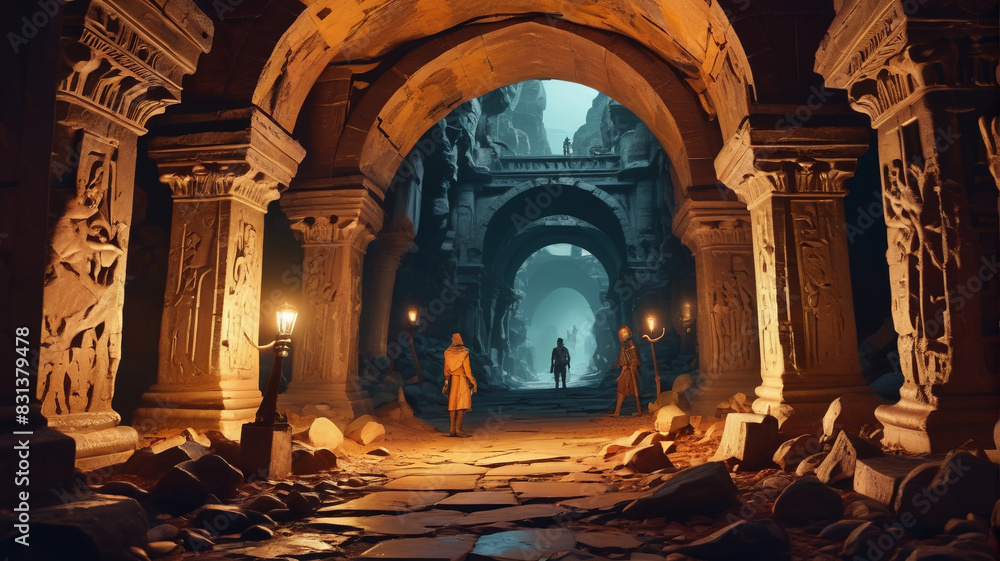 Deep within the labyrinthine catacombs, a band of treasure hunters faces off against hordes of undead guardians in their quest to uncover the fabled lost city of gold, Generative AI