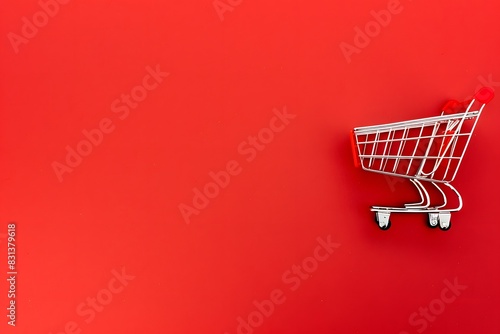 White Shopping Cart Icon on Red Background with Copy Space
