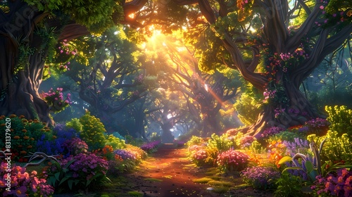 Enchanting Woodland Path Bathed in Warm Sunlight and Vibrant Foliage