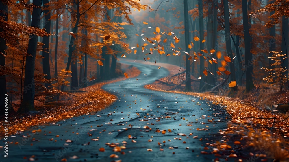 Enchanting Autumn Forest Road with Falling Leaves and Serene Morning Ambiance