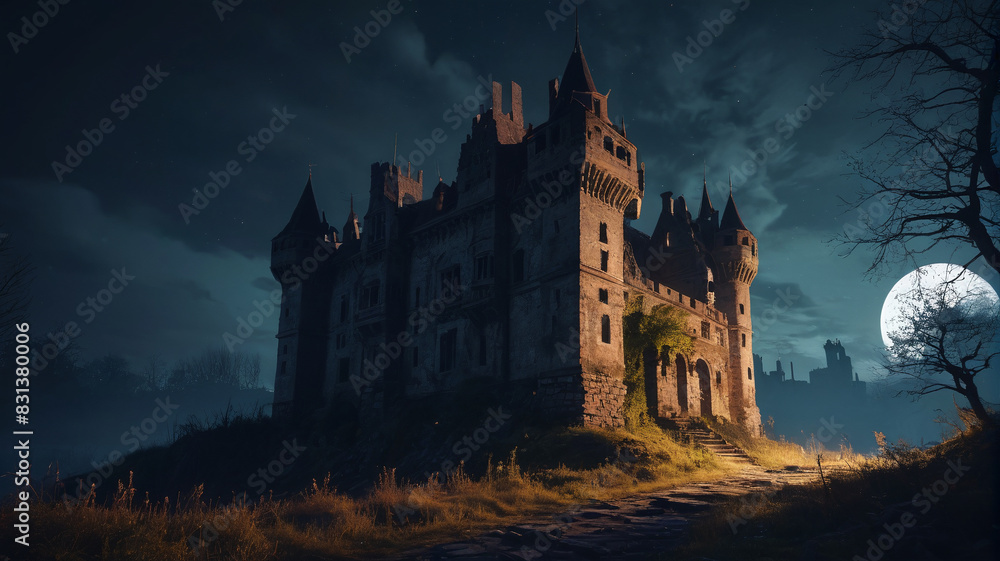 An abandoned castle looms eerily in the moonlit night, its crumbling towers haunted by whispers of forgotten tales and shadows of bygone glory, Generative AI