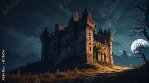 An abandoned castle looms eerily in the moonlit night, its crumbling towers haunted by whispers of forgotten tales and shadows of bygone glory, Generative AI