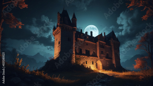 An abandoned castle looms eerily in the moonlit night, its crumbling towers haunted by whispers of forgotten tales and shadows of bygone glory, Generative AI