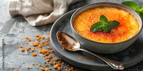 Classic Spanish crema catalana dessert with caramelized sugar topping: A rich custard base with a burnt sugar layer. Concept Culinary Inspiration, Spanish Desserts, Crema Catalana Recipe photo