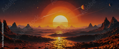 illustrazione di suggestivo paesaggio al tramonto photo