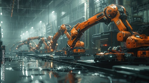 Automated robots and arms for factory assembly line. Blurred digital manufacturing operation