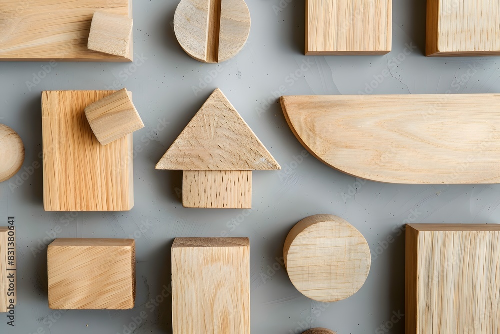 Wooden Blocks of Various Shapes on Gray Background Wooden Blocks of Various Shapes on Gray Background
