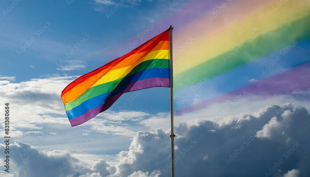 lgbt flag on a background of blue sky with a rainbow lgbt flag on a background of blue sky with a rainbow