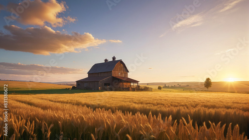 A quaint countryside farmstead basks in the golden light of dawn, surrounded by rolling fields of golden wheat and grazing livestock beneath a vast open sky, Generative AI photo