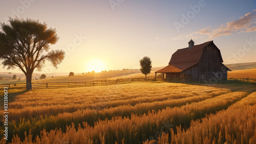 A quaint countryside farmstead basks in the golden light of dawn, surrounded by rolling fields of golden wheat and grazing livestock beneath a vast open sky, Generative AI photo