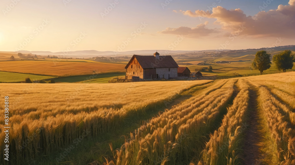 A quaint countryside farmstead basks in the golden light of dawn, surrounded by rolling fields of golden wheat and grazing livestock beneath a vast open sky, Generative AI A quaint countryside farmstead basks in the golden light of dawn, surrounded by rolling fields of golden wheat and grazing livestock beneath a vast open sky, Generative AI