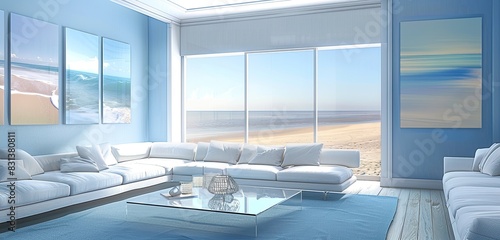 serene living room with soft ocean blue walls and a large window overlooking a sandy beach photo