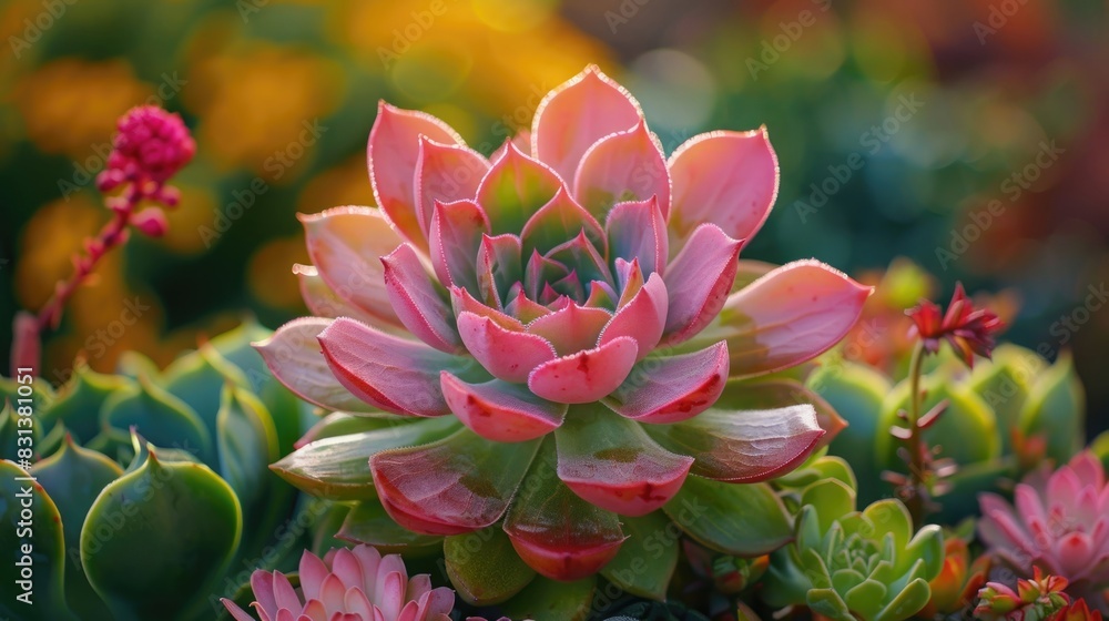 Arrangement of Pink Witch Succulent Aeonium in a Garden with Colorful Succulents and Soft Focus Background Arrangement of Pink Witch Succulent Aeonium in a Garden with Colorful Succulents and Soft Focus Background