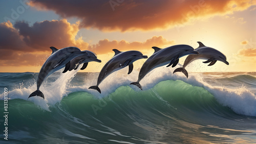 A pod of dolphins leaps joyfully through the waves, their sleek forms slicing through the ocean spray as they dance beneath the endless sky, Generative AI © 4K_Heaven