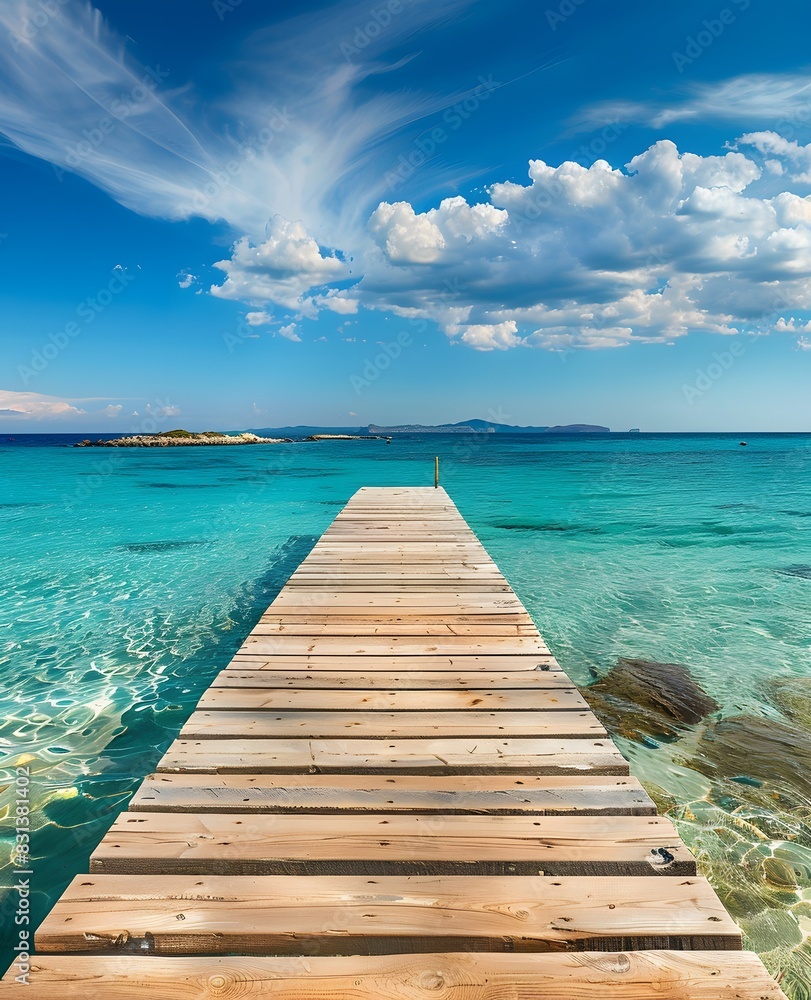 Wooden Pier on Turquoise Sea with Blue Sky and Clouds in Formentera, Spain