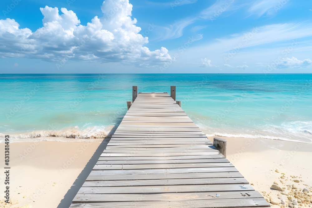 Fototapeta premium Wooden Pier on White Sand Beach with Turquoise Sea