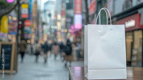 White premium shopping bag made of heavy cardboard standing on a table against a blurred street background ,Tokyo photo