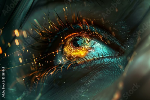 Macro shot of a human eye merged with digital circuitry, concept of future technology