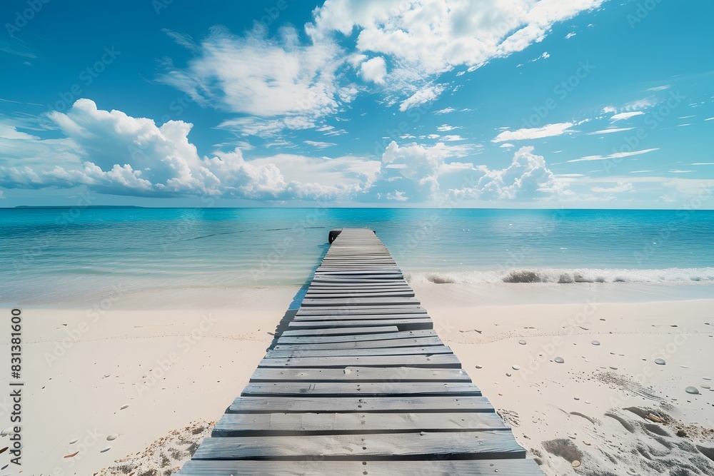 Obraz premium Wooden pier on white sand beach with turquoise sea in tropical island
