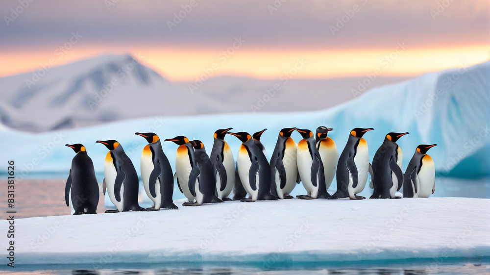 Obraz premium A colony of penguins huddles together on a windswept ice floe, their resilient spirits shining bright amidst the harsh beauty of the Antarctic landscape, Generative AI