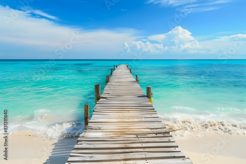 Wooden Pier on White Sand Beach with Turquoise Sea