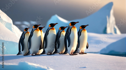 A colony of penguins huddles together on a windswept ice floe  their resilient spirits shining bright amidst the harsh beauty of the Antarctic landscape  Generative AI
