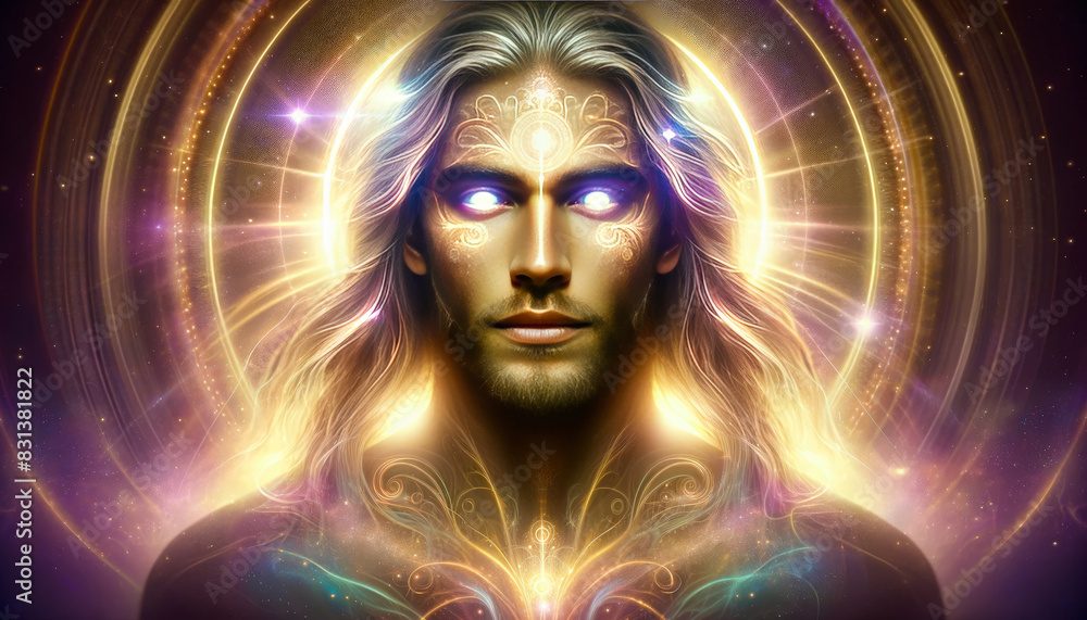Mystical Ethereal Man With Glowing Eyes And Third Eye Concept Surrounded By Cosmic Light Halo - AI Generated Mystical Ethereal Man With Glowing Eyes And Third Eye Concept Surrounded By Cosmic Light Halo - AI Generated