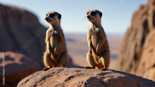 A curious meerkat stands sentinel atop a rocky outcrop, its alert gaze scanning the horizon for signs of danger as its clan busies itself below, Generative AI