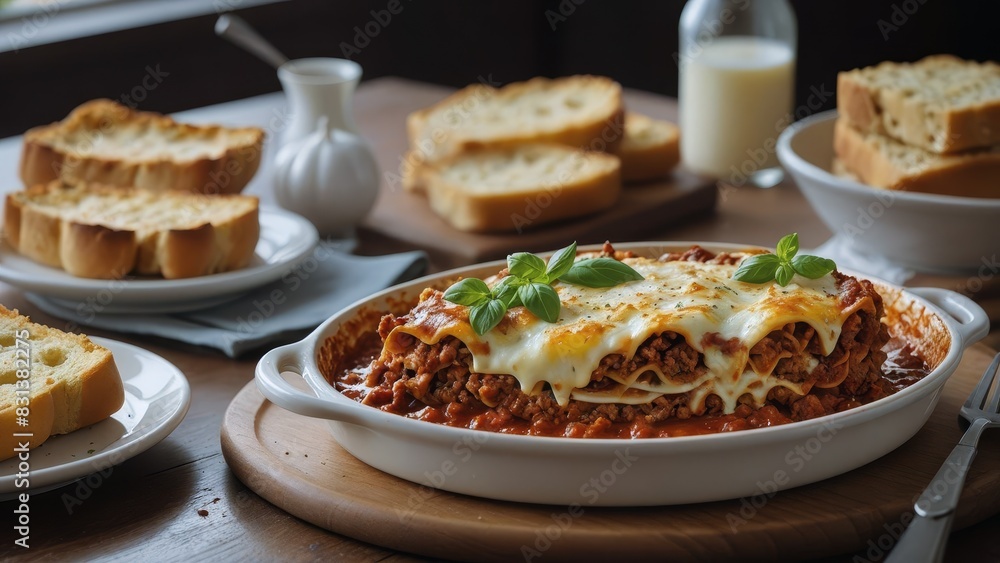 A hearty Italian lasagna featuring layers of rich meat sauce, creamy béchamel, and melted cheese, garnished with fresh basil and served with golden garlic bread on a rustic dining table. A hearty Italian lasagna featuring layers of rich meat sauce, creamy béchamel, and melted cheese, garnished with fresh basil and served with golden garlic bread on a rustic dining table.